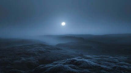 Moonlight filters through the thick fog casting an otherworldly glow over the eerie moors. . . - obrazy, fototapety, plakaty