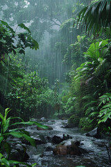 Fototapeta premium Heavy rain in a tropical rainforest