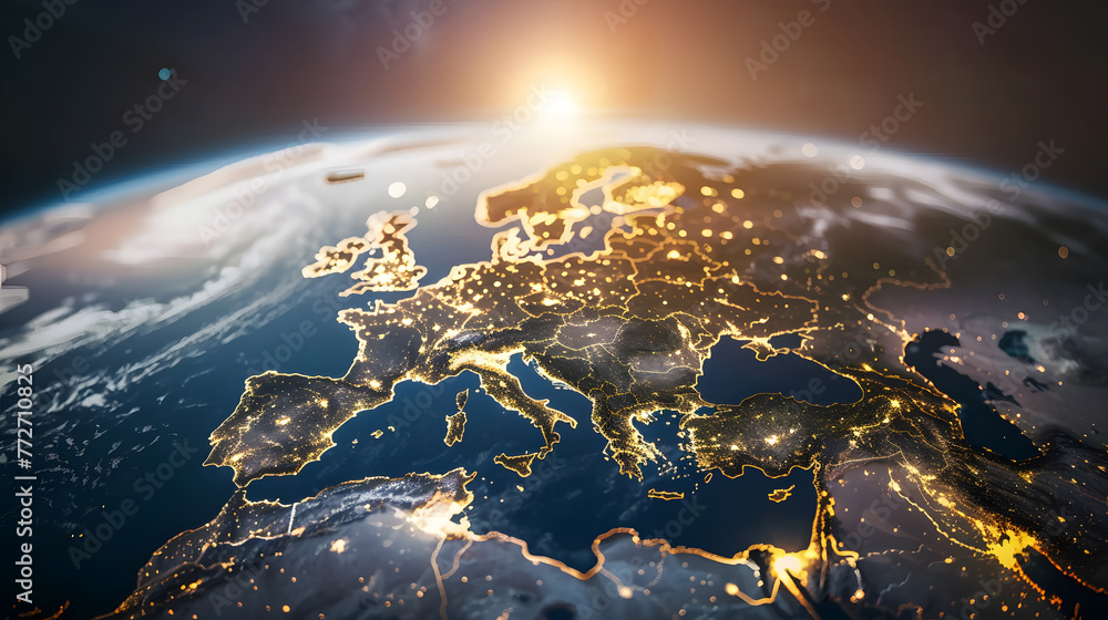 Poster digital world globe centered on europe, concept of global network and connectivity on earth. generat