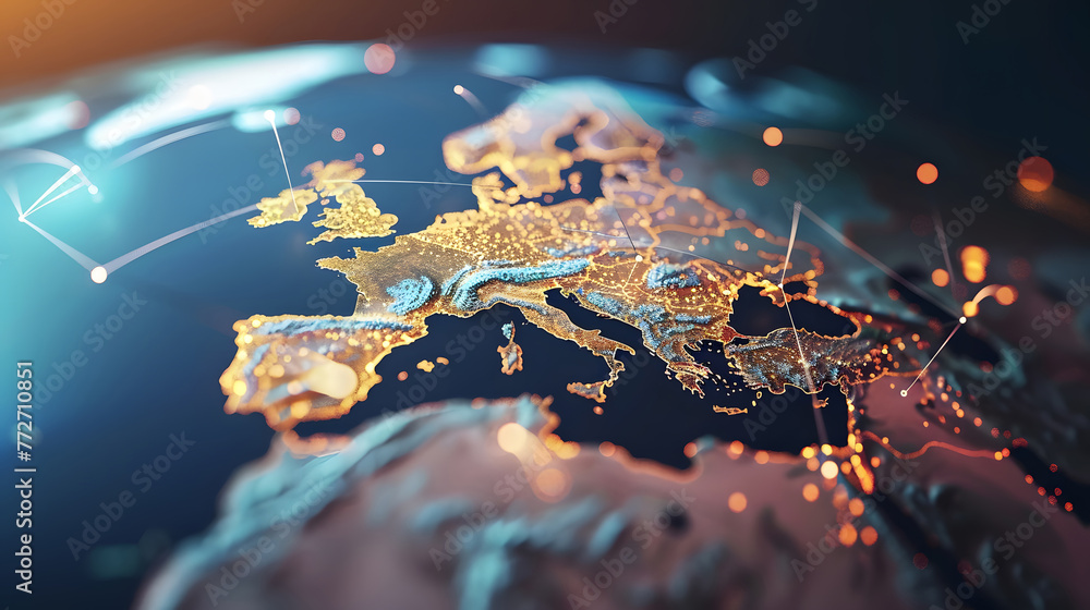 Poster digital world globe centered on europe, concept of global network and connectivity on earth. generat