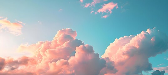 Serene blue sky with fluffy pastel pink clouds