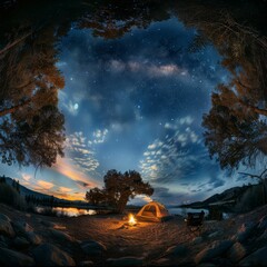 dusk Show a cozy tent, crackling campfire, and starlit sky for a magical outdoor experience