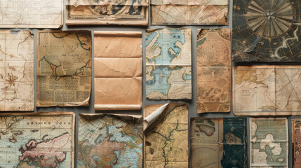 A montage of maps from different ages including blank labels, exhibiting exploration and...