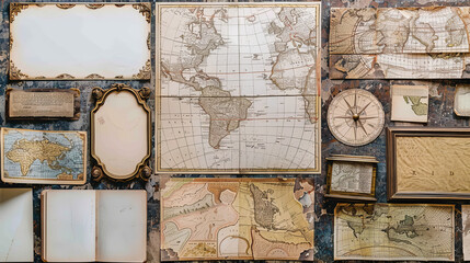 An array of vintage maps along with blank labels and old navigation tools depicting the age of exploration