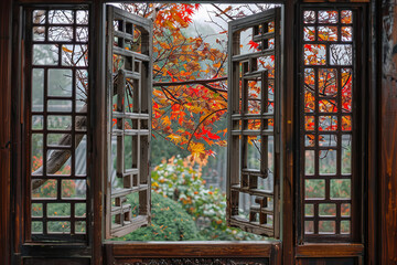 Beautiful autumn foliage view through the windows from a traditional wooden Chinese house