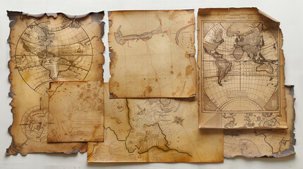 Tattered blank labels and vintage maps with a focus on the detailing and age of the paper used