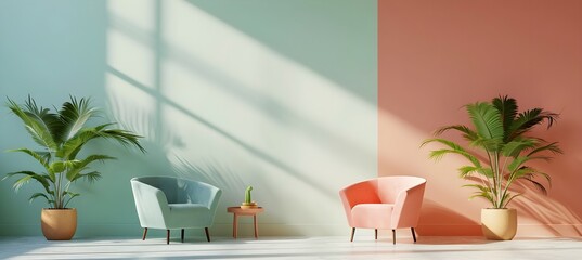 Minimalist interior in a painted wall, soft armchairs, cozy interior composition