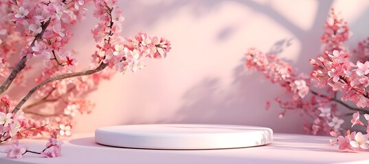 minimal product display white podium with cherry blossom background, sunlight shadows