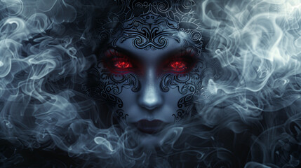 face of female devil and red eyes with smoke - obrazy, fototapety, plakaty