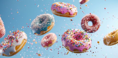 Colorful donuts in mid-air with sprinkles and glaze on a clear blue background, creating a vibrant and appetizing floating dessert scene - obrazy, fototapety, plakaty