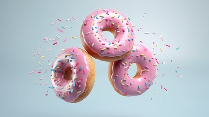 Three pink doughnuts with icing and sprinkles appear suspended in mid-air, with icing dripping down to puddles below, against a white background