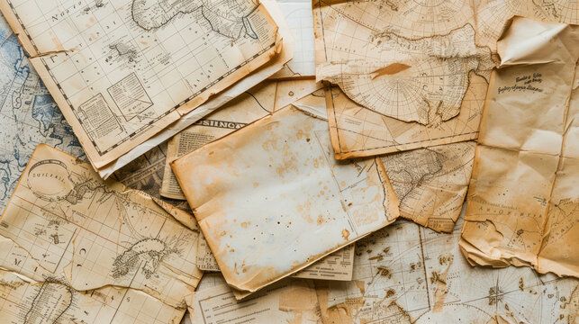 A selection of assorted weathered maps featuring various corners of the world with visible blank labels, great for thematic historical context