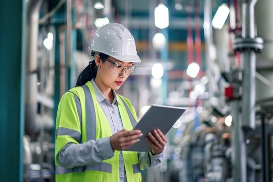 Asian female engineer is checking data on tablet phone at industrial site