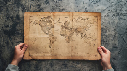 Two hands grasping a large, unfolded vintage world map with a central blank label, embodying the...
