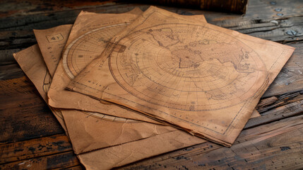 An antique maritime chart with a central blank label on a wooden surface, depicting historical navigational routes