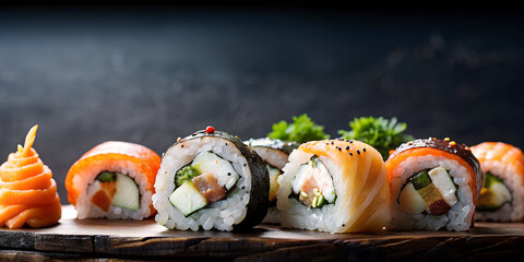 Exquisite sushi-themed web banner featuring a minimalist design and generous space for your text - obrazy, fototapety, plakaty