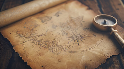 An antique brass compass rests on a weathered map with intricate details, highlighting the concept...