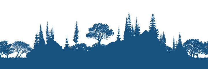Silhouette of a forest, seamless border, isolated on white background