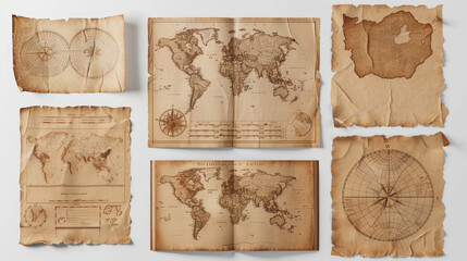 This image features a set of different ancient world maps presented on old, slightly torn papers, each with a unique blank label on the bottom corner