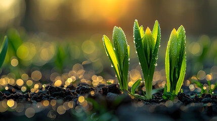 The picture shows the first tender green buds emerging from the dew-covered ground at dawn on a spring morning, bathed in gentle sunlight. - obrazy, fototapety, plakaty