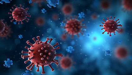 Detailed 3D illustration of viruses with spike proteins against a dark teal backdrop, highlighting infectious pathogens. Generative AI