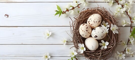 Obraz na płótnie Canvas Easter white wooden background, nest with eggs and flowers
