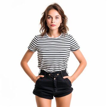 Pretty Young Woman in Striped T-shirt and High-Waisted Shorts photo on white isolated background