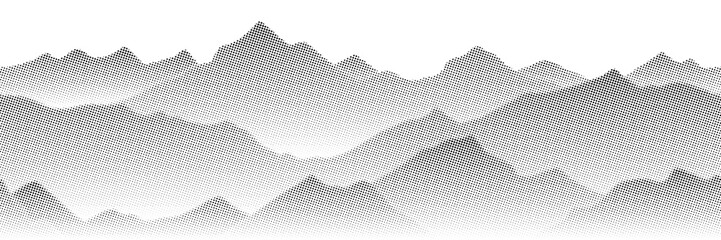 Mountain landscape, seamless border, vector halftone dots background, fading dot effect	 - obrazy, fototapety, plakaty