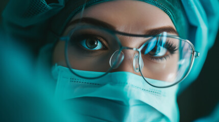 Intense and detailed view of a female surgeon's eyes, masked and magnified through lenses, amid surgery lights