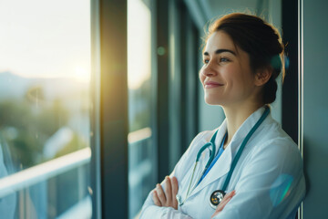 Content female medical professional smiling by the window, sunlight illuminating her as a symbol of hope in healthcare