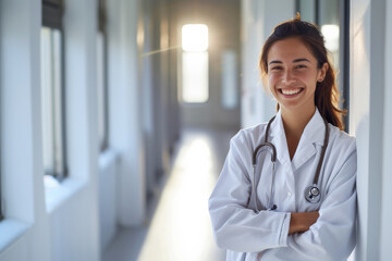 Bright and cheerful young female doctor with stethoscope in hospital corridor, reflecting optimism in healthcare