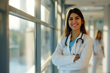Smiling young female doctor with a stethoscope standing in a sunlit hospital hallway, symbolizing hope and care