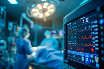 Detailed focus on a heart rate monitor's vibrant display in an active surgery room with medical staff and operating lights
