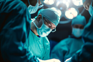 Dedicated surgeon in focus, performing surgery with precision under the bright operating lights