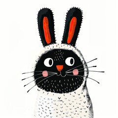 A simple cute cat character wearing bunny ears, flat color background, illustration made with generative AI