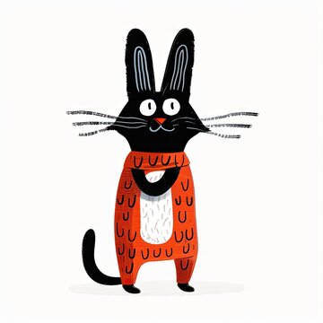 A simple cute cat character wearing bunny ears, flat color background, illustration made with generative AI