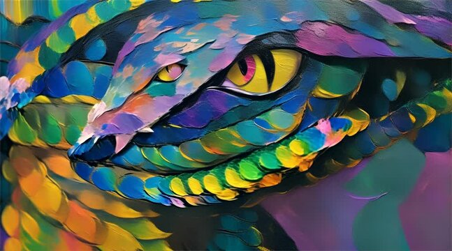 Close-up of a colorful, textured snake painting with focus on the eye.