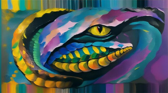 Close-up of a colorful, textured snake painting with focus on the eye.