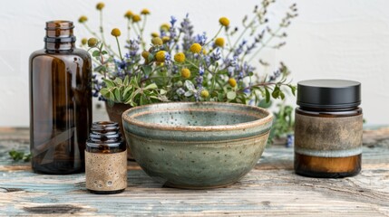 Creams, lotions, products, equipment for skin care female beauty nature background