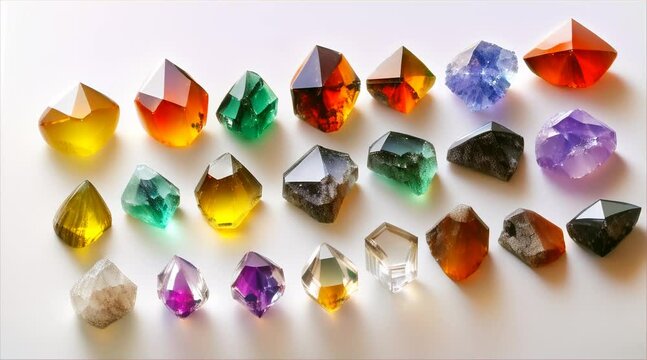 Assorted colorful gemstones in various cuts displayed on a light surface.
