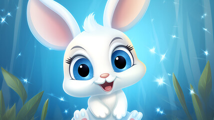 Fototapeta na wymiar A bunny with big eyes animal Sweet Happy with blue lighting background