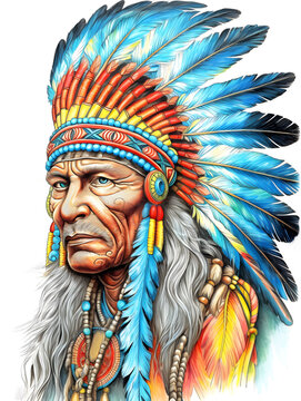 A Warrior man artwork combining different cultures. Headdressed feathers warrior illustration for t-shirt or poster