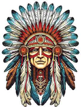 A Warrior man artwork combining different cultures. Headdressed feathers warrior illustration for t-shirt or poster
