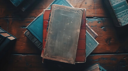 A collection of antique books showcasing various bindings and sizes with blank labels on a rustic wooden surface A sense of history and nostalgia prevail - obrazy, fototapety, plakaty