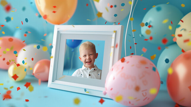 Birthday photo of happy boy in frame. Balloons, confetti. Festive atmosphere, birthday celebration.