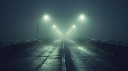 A misty fog envelops a deserted highway creating an ethereal and ghostly ambiance in the dead of night. . .