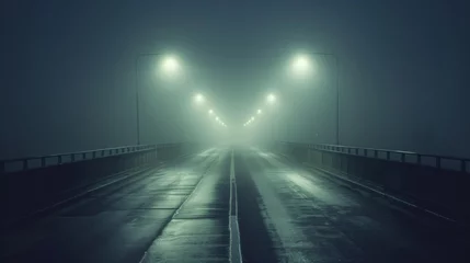 Ingelijste posters A misty fog envelops a deserted highway creating an ethereal and ghostly ambiance in the dead of night. . . © Justlight