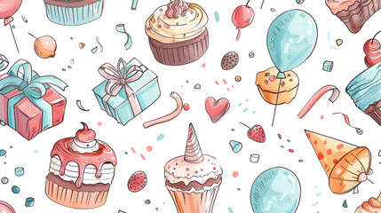 Birthday pattern with birthday cakes, balloons, gift boxes. Festive atmosphere, birthday celebration, party decorations. Background design.