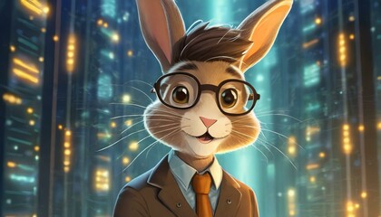 Concept of a programmer as it tech rabbit personality lights up the portrait, showcasing his expertise and enthusiasm in the dynamic field of IT