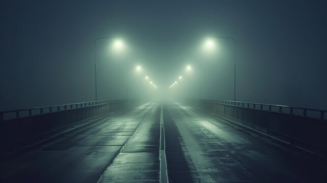 A misty fog envelops a deserted highway creating an ethereal and ghostly ambiance in the dead of night. . .